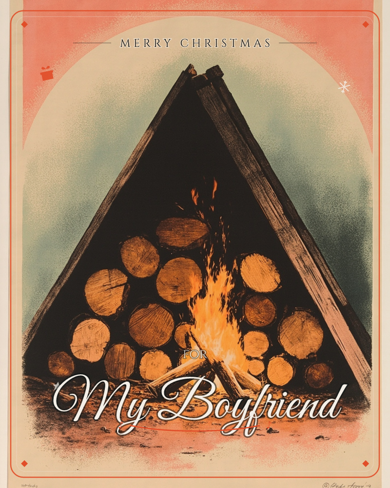A teepee-style stack of cut logs shelters a small crackling campfire at its base, glowing orange against the dark interior, a christmas e-card design