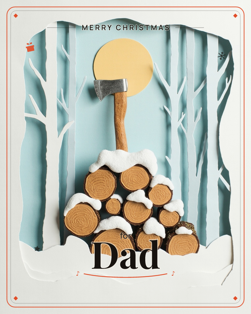 A paper-craft winter scene shows a stack of snow-capped logs with an axe planted on top, its blade set against a round golden sun, a christmas e-card design
