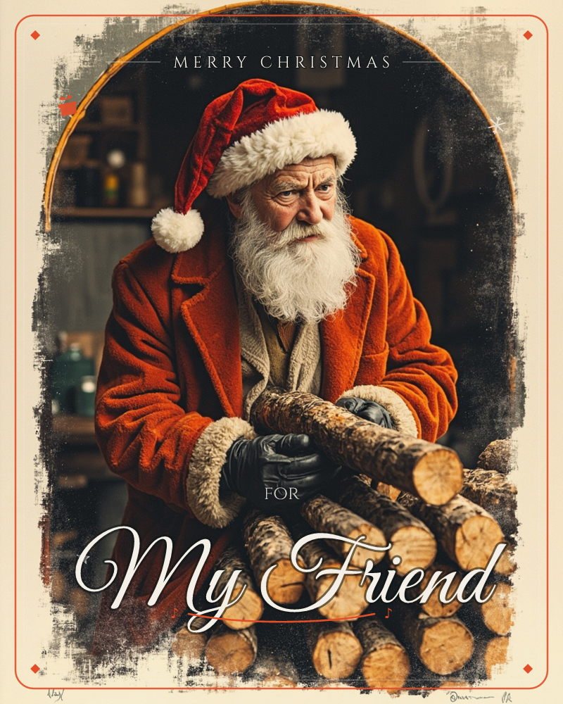 A man dressed as Santa, in a red coat and fur-trimmed hat, stands in a dim workshop-like room stacking chopped logs in his gloved arms, a christmas e-card design