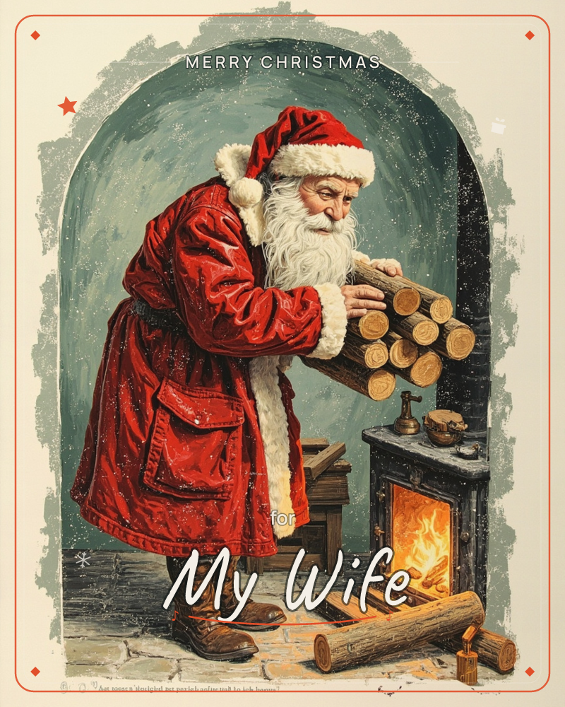 Santa Claus, in a full red coat and fur-trimmed hat, leans over an old stone hearth stacking a bundle of fresh-cut logs onto a small black stove, a christmas e-card design
