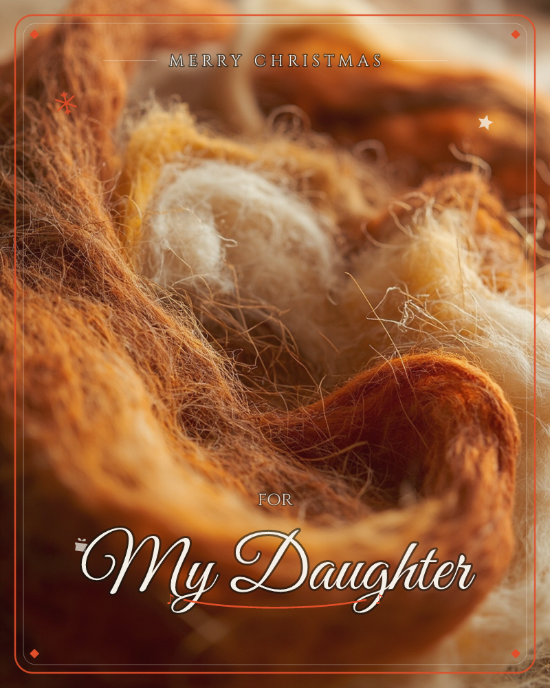A close-up macro shot of tangled wool or raw fibre, curling in warm rust and burnt-orange tones with soft cream tufts nestled in the centre, a christmas e-card design