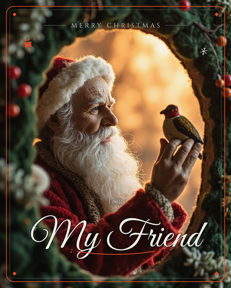 A white-bearded man in a red velvet coat and fur-trimmed cap is framed inside a circular wreath of dark evergreen, holding up a small painted bird…, a christmas e-card design