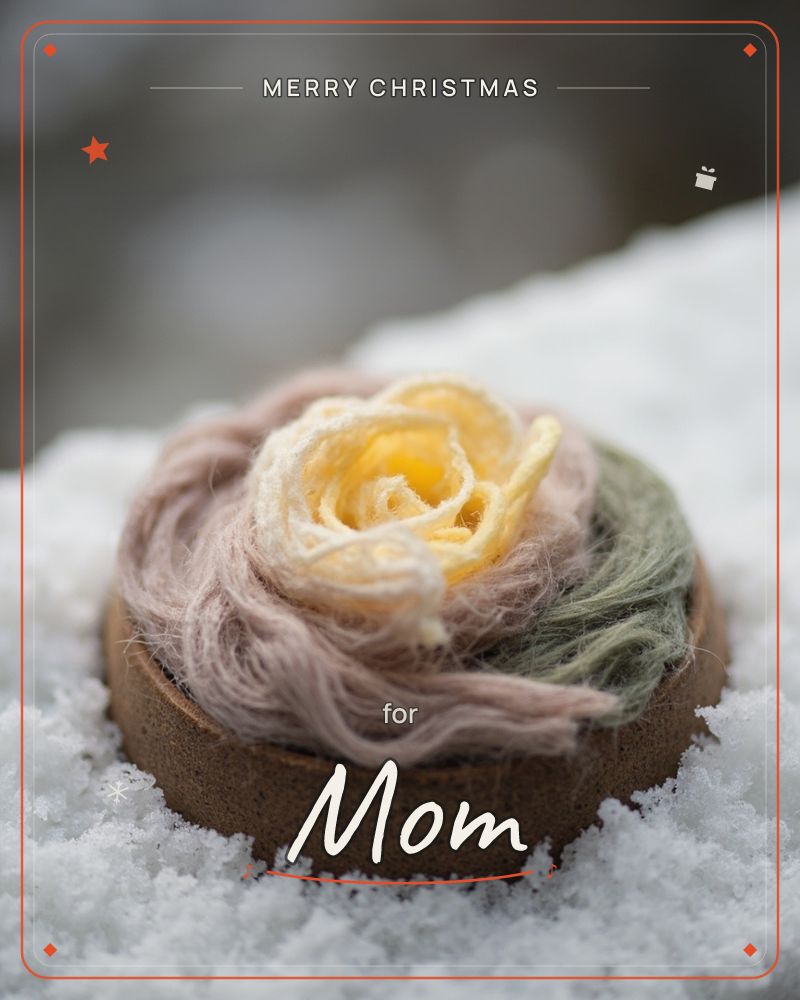 A rose-shaped bundle of soft yarn in pale yellow, dusty pink, and sage green rests on a small clay dish, set atop a bed of fresh snow, a christmas e-card design