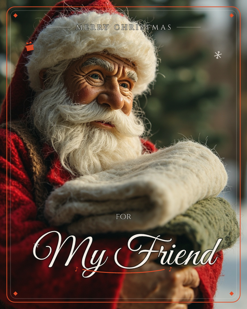 A figure dressed as Santa Claus, with a thick white beard and red fur-trimmed hood, stands outdoors holding folded woollen blankets in cream and moss…, a christmas e-card design