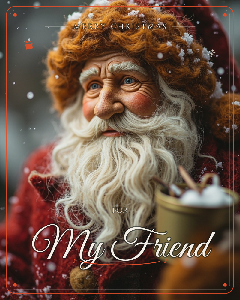 A close-up figurine of Santa Claus with a curly auburn wig and thick white beard, dusted with flecks of falling snow, a christmas e-card design