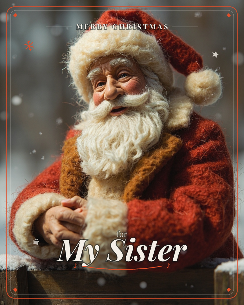 A handcrafted felt figure of Santa Claus leans over a snow-dusted wooden fence, hands clasped and eyes crinkled in a warm smile, a christmas e-card design