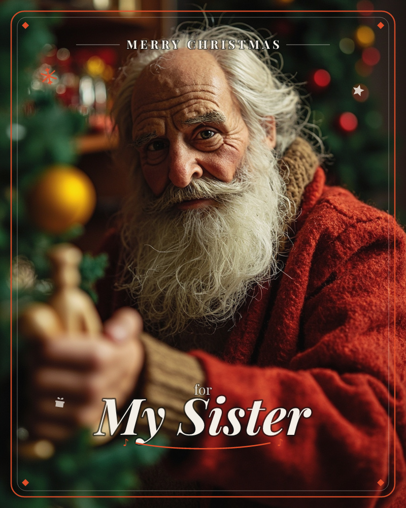 A close-up portrait shows an elderly man with a long white beard and weathered face, wearing a red robe and knitted sleeve, reaching toward a Christmas…, a christmas e-card design