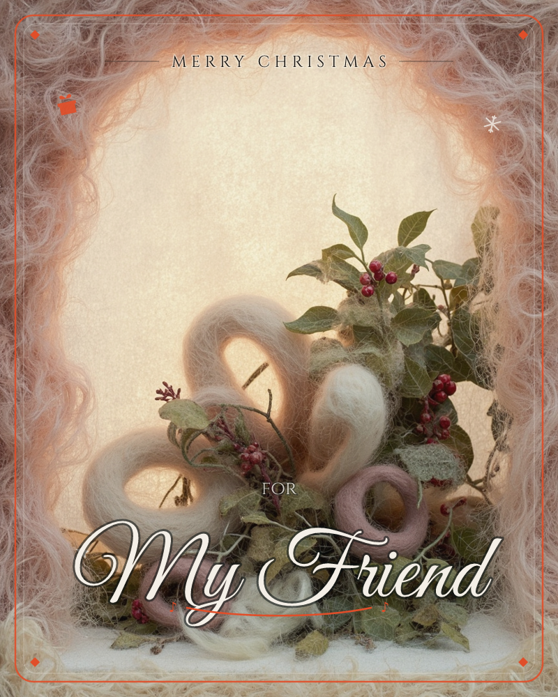 A shaggy, fibrous archway frames a still-life of felted wool loops in cream and dusty pink, nestled among sprigs of berried foliage and soft green leaves, a christmas e-card design
