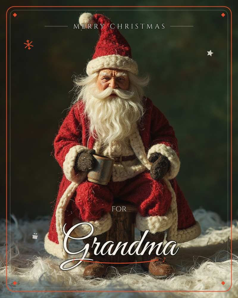 A carved figurine of Santa Claus sits perched on a small wooden stump, dressed in a felted red coat trimmed with white fur and holding a tiny tin mug, a christmas e-card design