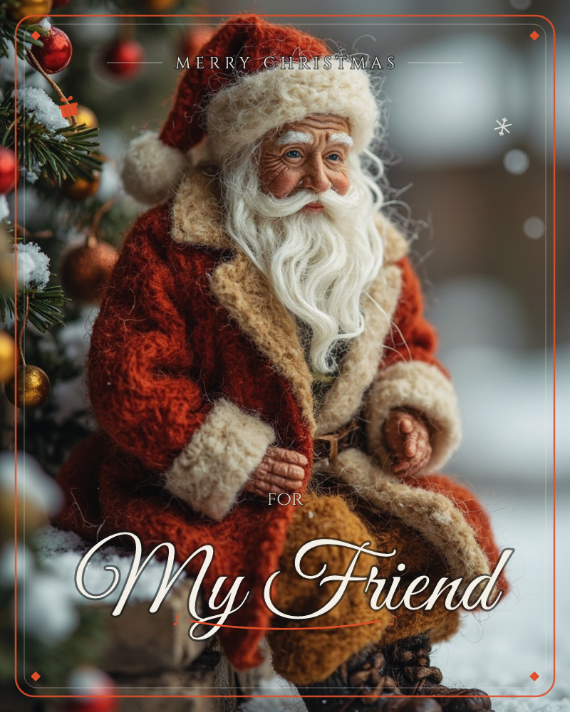 A handcrafted felt Santa figure sits perched on a snowy wooden ledge beside a decorated Christmas tree, his long white beard and fur-trimmed red coat…, a christmas e-card design