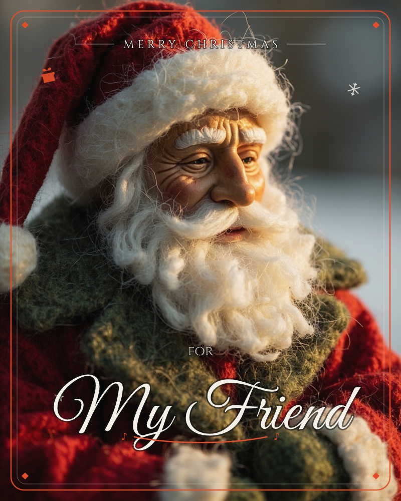 A close-up photograph of a handcrafted Santa figurine, his carved face lit warmly by low winter sun against a soft, snowy blur, a christmas e-card design