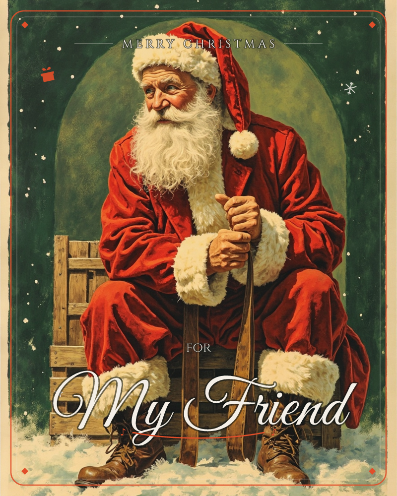A weathered, kindly Santa sits on a wooden crate, his red velvet coat and fur-trimmed boots dusted lightly with snow, a christmas e-card design