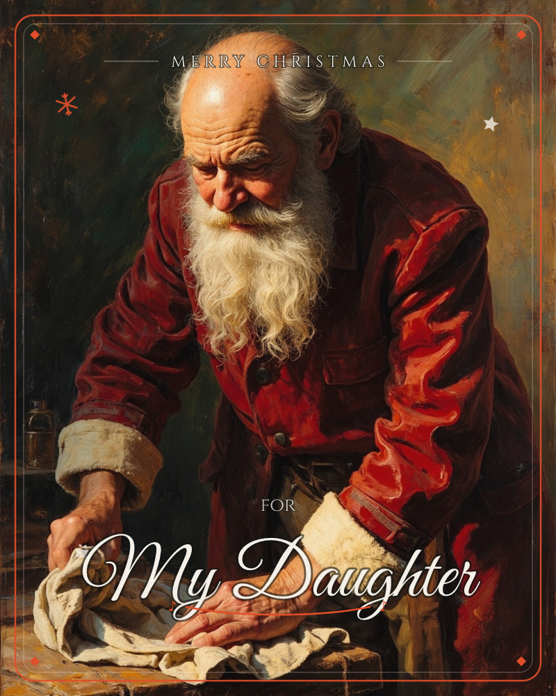 An oil-painted portrait shows an elderly bearded man in a red fur-trimmed coat, bent over a wooden workbench, wiping it down with a cloth, a christmas e-card design