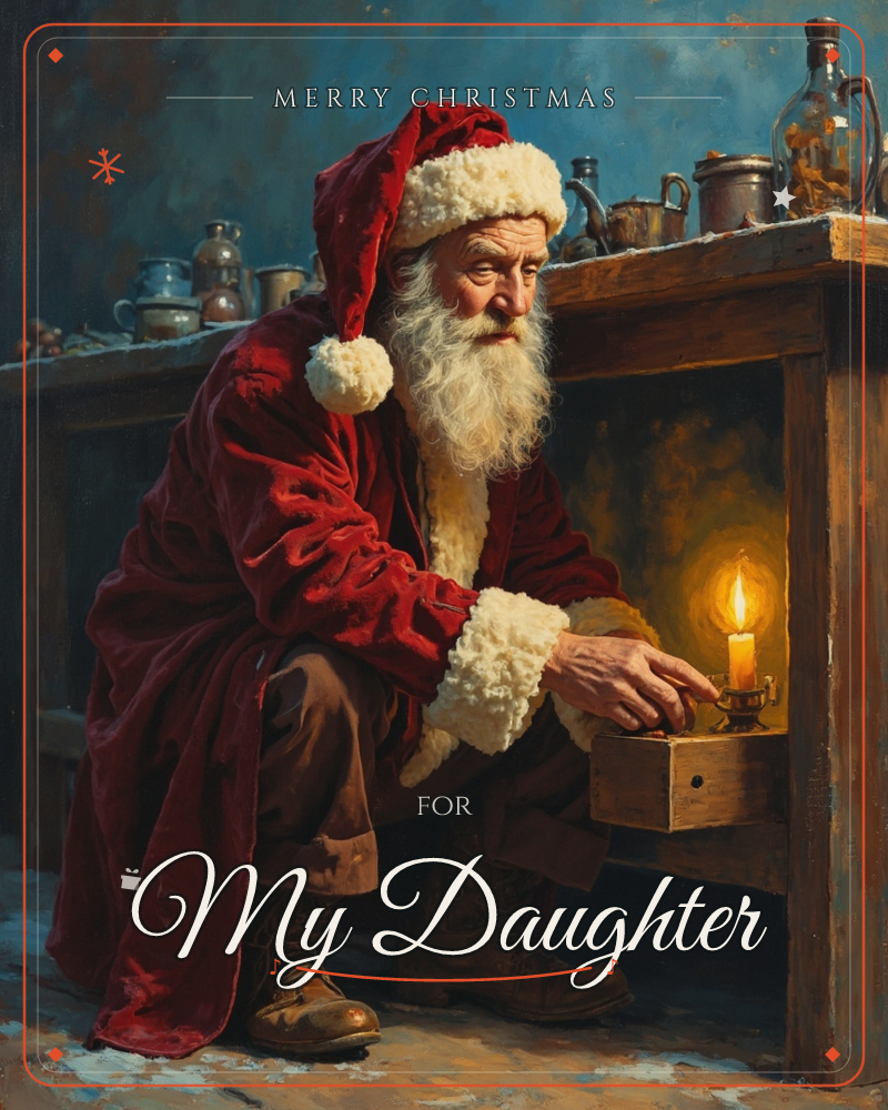 Santa kneels beside a wooden workbench cluttered with old jars and tins, reaching for a single lit candle tucked in a drawer, a christmas e-card design