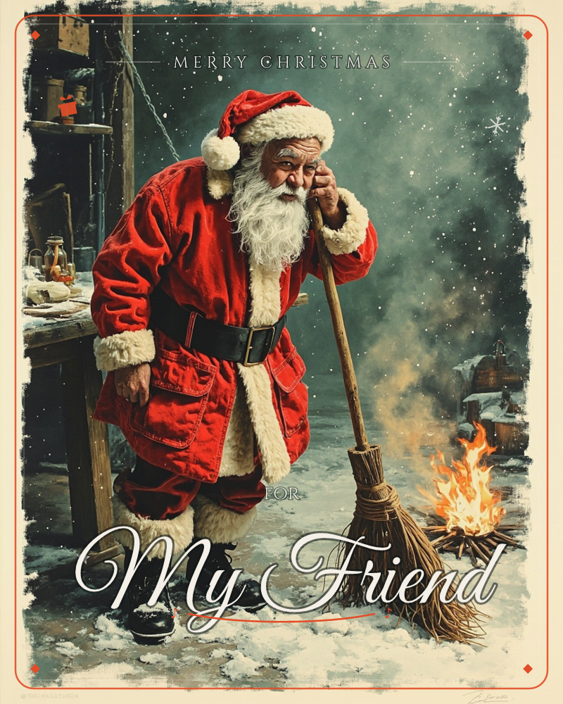 Santa leans wearily on an old straw broom beside a crackling bonfire, snow falling through a smoky twilight behind a cluttered wooden workbench, a christmas e-card design