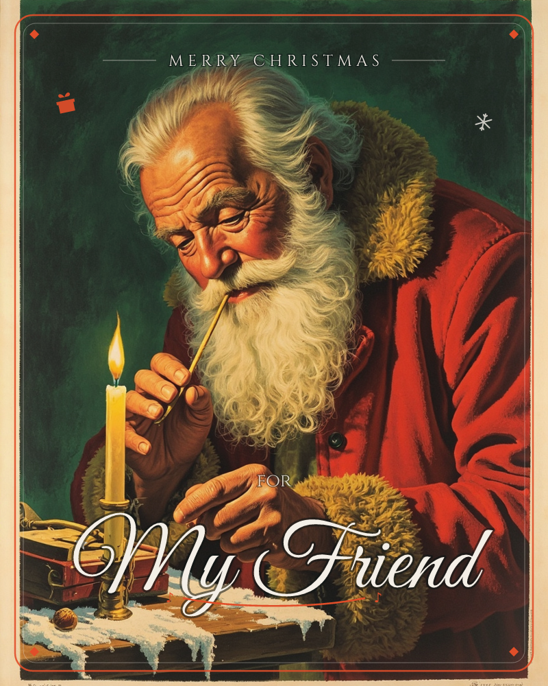 Santa Claus leans close to a lit candle, using its flame to light a long wooden match held between his lips, his weathered face lit warm gold against a…, a christmas e-card design