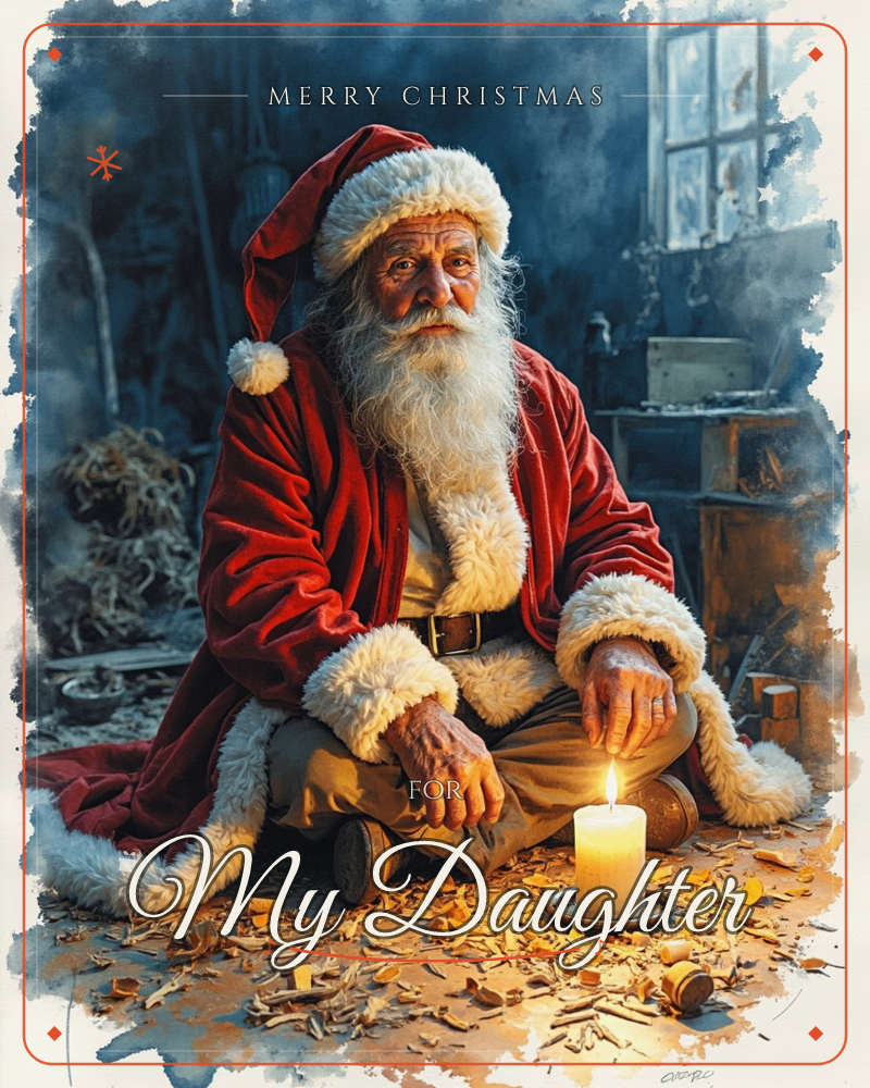 A weathered Santa in his red fur-trimmed coat kneels on a workshop floor scattered with wood shavings, warming his hands near a single lit candle, a christmas e-card design