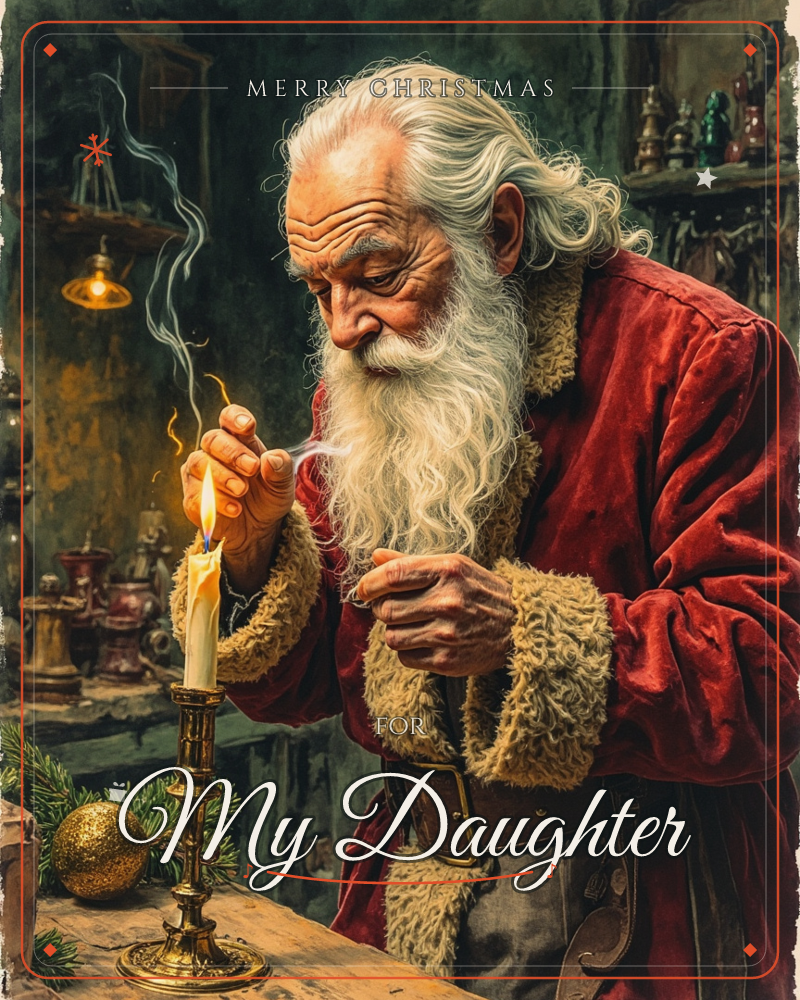 A weathered old man with a long white beard, dressed in a fur-trimmed red velvet coat, leans over a workbench to light a candle in a brass holder, the…, a christmas e-card design