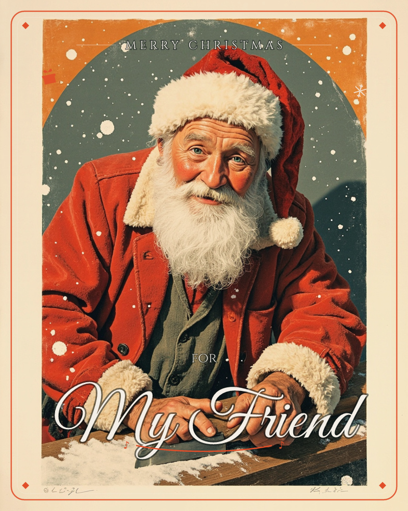 A weathered, warm-eyed Santa leans on a workbench with a woodworking tool in hand, his fur-trimmed red coat and beard dusted with fine snow, a christmas e-card design