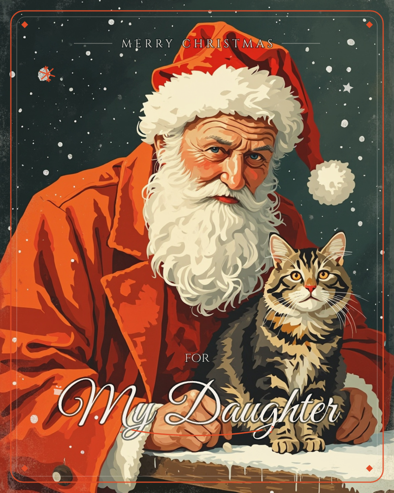 Santa Claus leans on a snowy wooden ledge under a dark, snow-flecked sky, his bushy white beard and red hat catching the light, a christmas e-card design