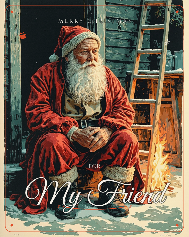 A weathered Santa sits on a wooden crate outside a dark barn, hands folded, staring off into the night with a tired, thoughtful expression, a christmas e-card design