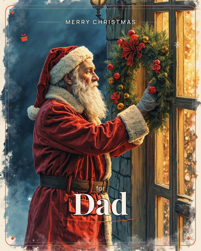 A man in a red fur-trimmed coat and hat, with a long white beard, hangs a pine wreath decorated with red bows and gold baubles on a wooden door, a christmas e-card design