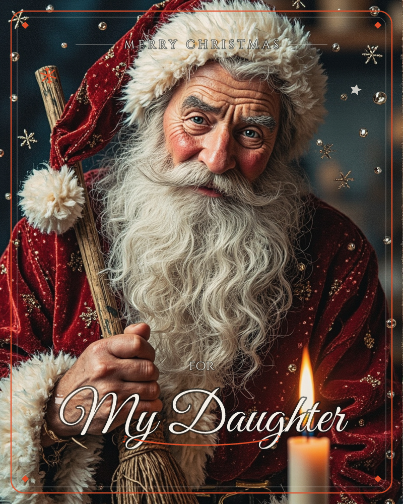 Santa Claus in a deep red velvet robe trimmed with white fur gazes warmly at the viewer, holding a rustic broom staff in one weathered hand, a christmas e-card design