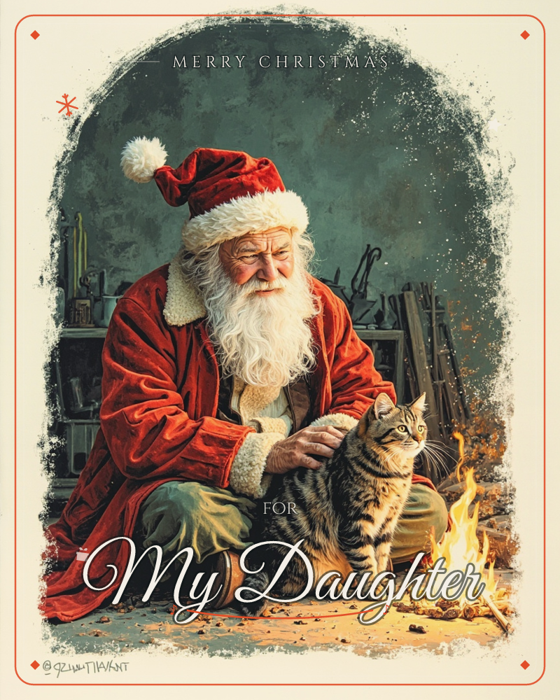 Santa kneels beside a small crackling fire in what looks like his workshop, gently stroking a striped tabby cat perched at his knee, a christmas e-card design