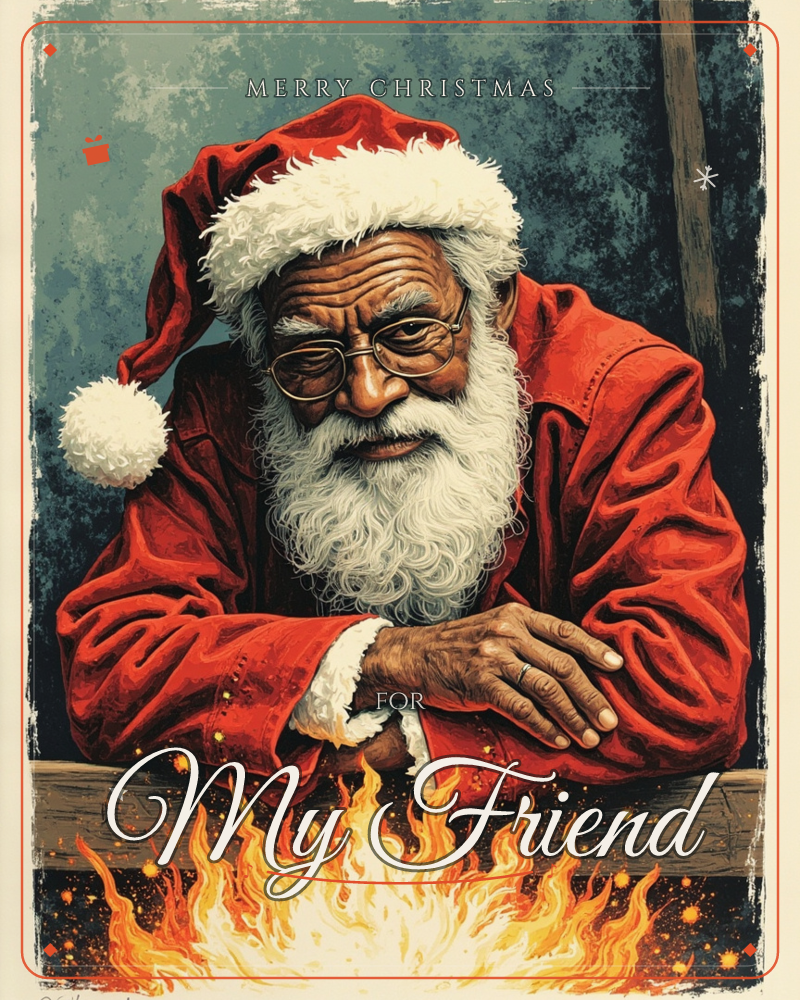 A weathered Santa in a red coat and fur-trimmed hat leans on a wooden fence rail, spectacles low on his nose, watching flames rise from a fire just…, a christmas e-card design