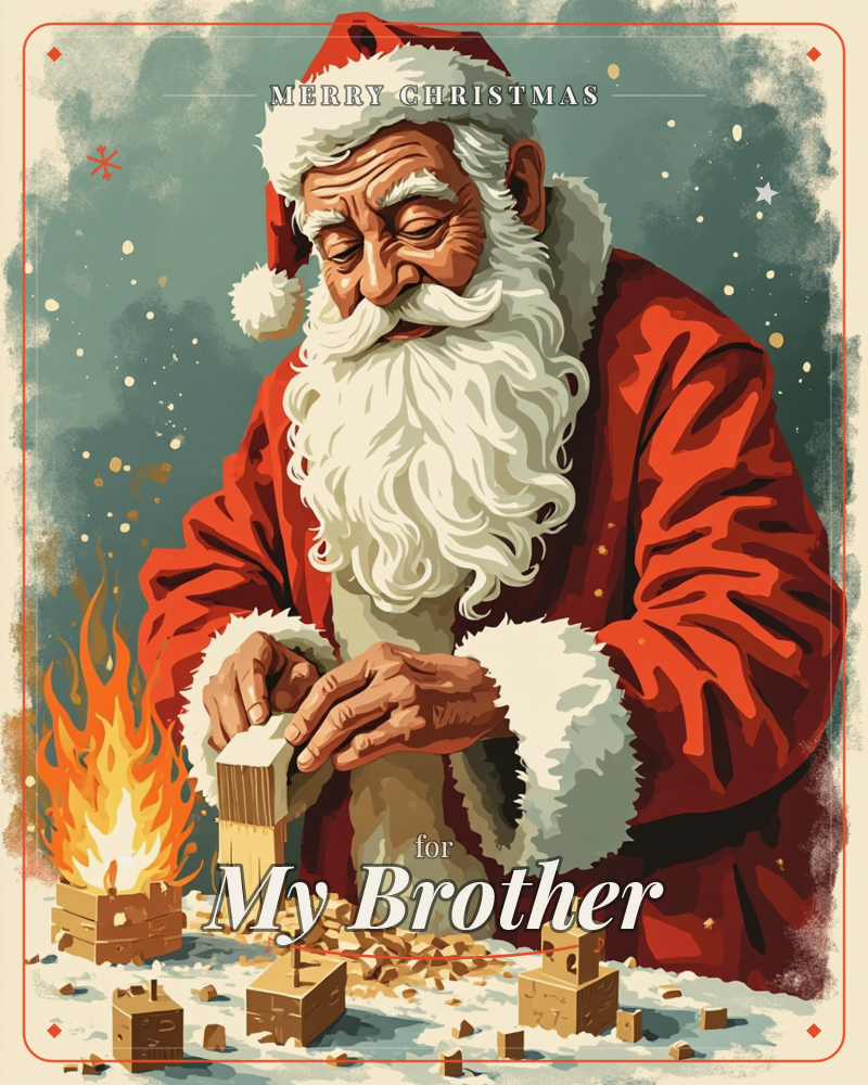 Santa Claus leans close over his workbench, whittling a wooden toy with careful hands as curls of shavings fall onto the snowy surface below, a christmas e-card design