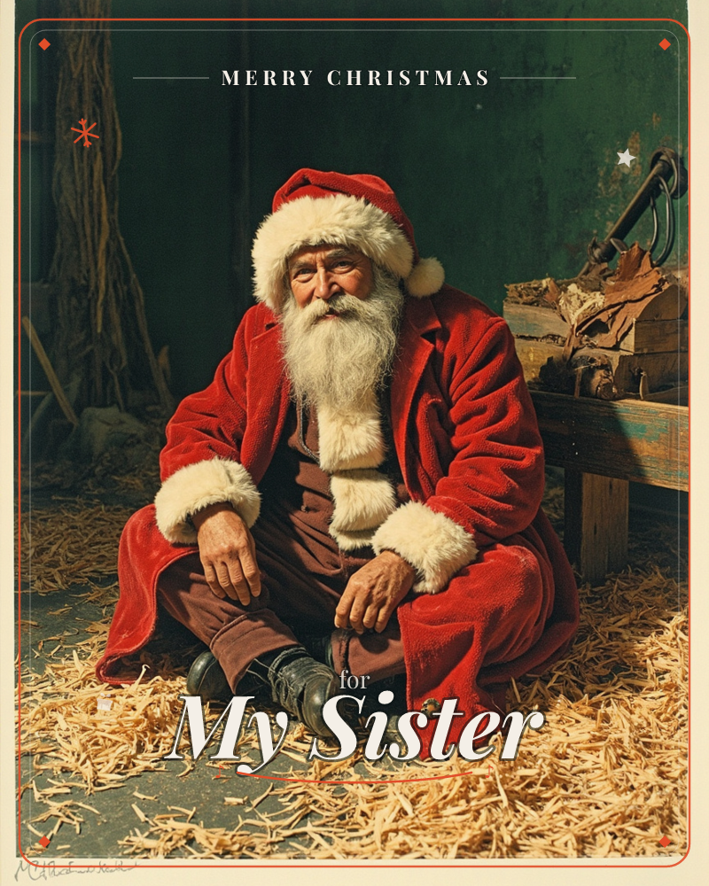 A weathered Santa figure in a fur-trimmed red coat sits on a straw-covered floor inside a rustic barn or workshop, a wooden bench and old tools visible…, a christmas e-card design