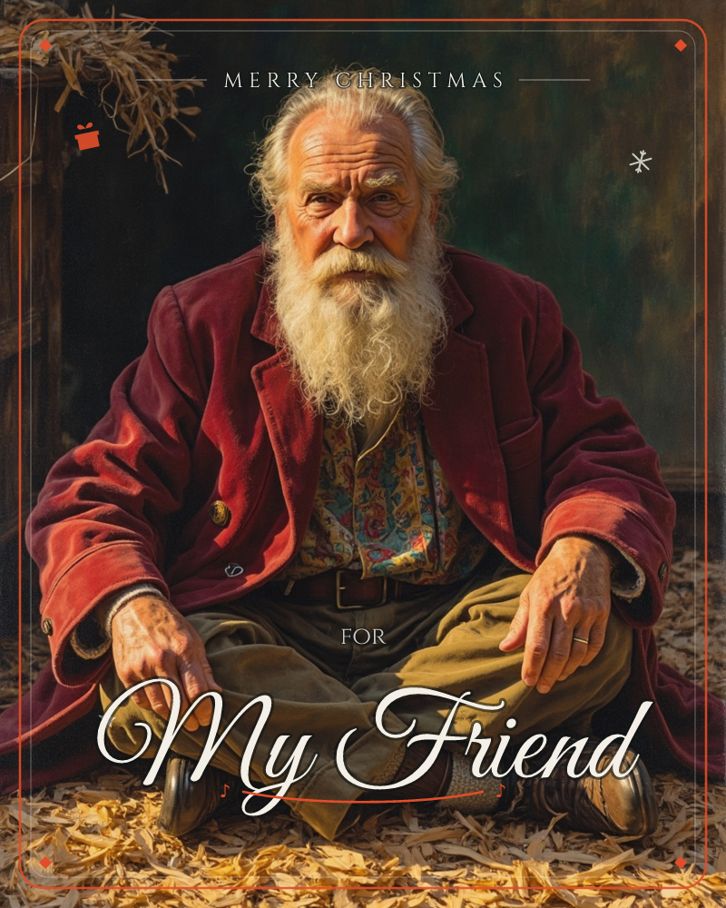 An elderly man with a long white beard sits cross-legged on a bed of wood shavings, wearing a deep red velvet coat over a patterned shirt, a christmas e-card design