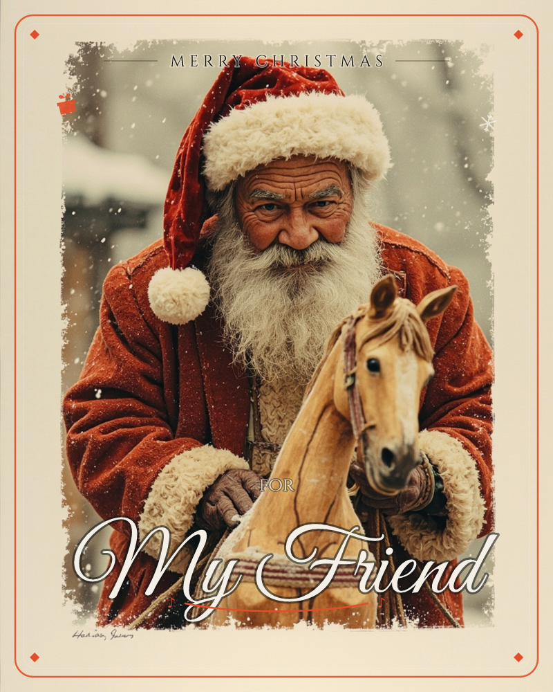 A weathered Santa in a red fur-trimmed coat and cap holds a carved wooden hobby horse, snow drifting softly behind him against a muted grey backdrop, a christmas e-card design