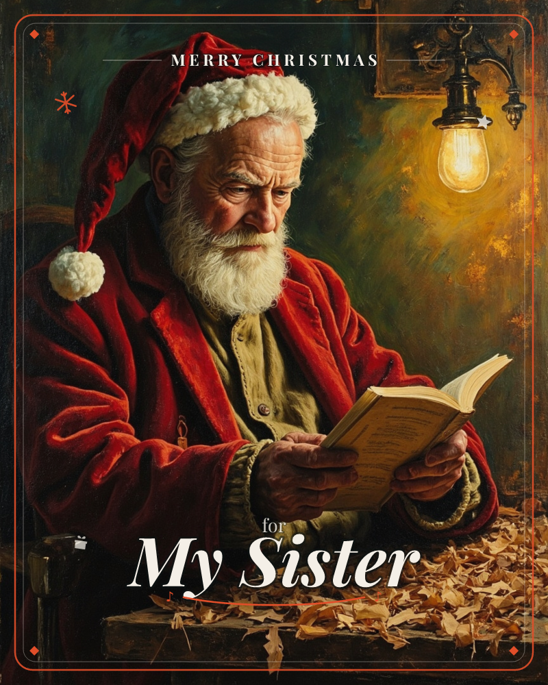 An oil-painted Santa figure sits at a worn wooden table scattered with dried leaves, absorbed in reading an open book, a christmas e-card design
