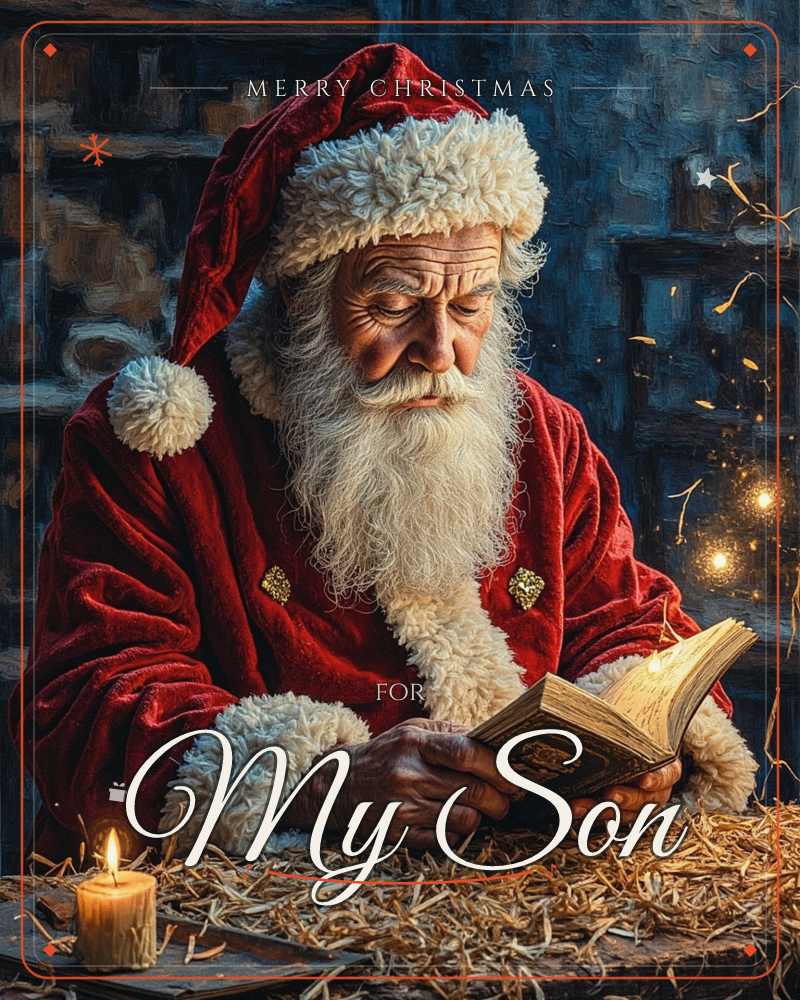 Santa Claus sits reading an old leather-bound book by candlelight, his red velvet coat and thick white beard glowing warm against a dim blue background…, a christmas e-card design