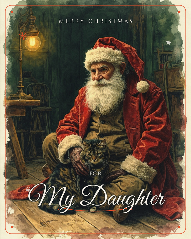 Santa kneels on a wooden floor in a dim workshop, one gloved hand resting on a tabby cat curled against his leg, an old brass lamp glowing on a table…, a christmas e-card design