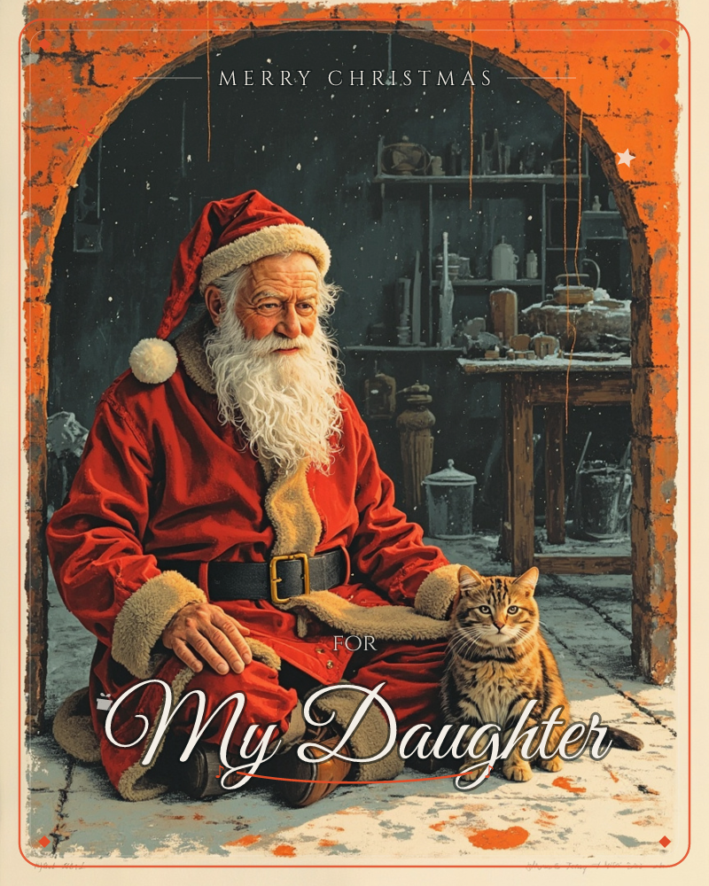 Santa Claus sits cross-legged on a stone floor beneath a weathered brick archway, a striped ginger tabby cat perched calmly beside him, a christmas e-card design