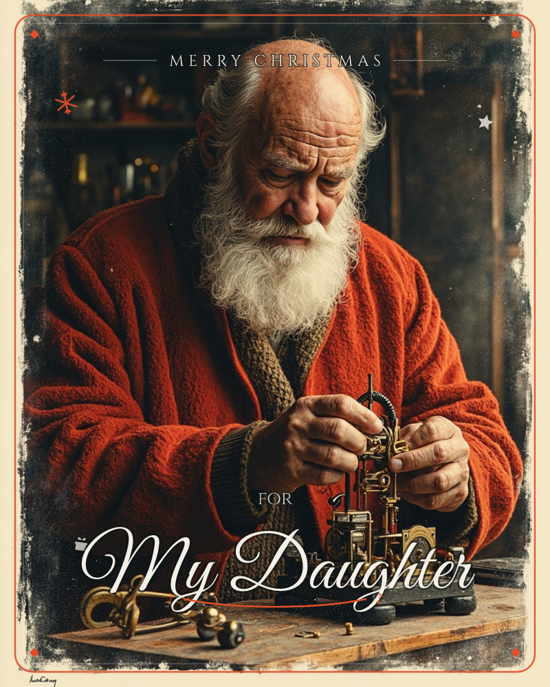 An elderly man with a long white beard and red robe leans over a workbench, carefully assembling a small brass mechanical toy amid scattered gears and…, a christmas e-card design