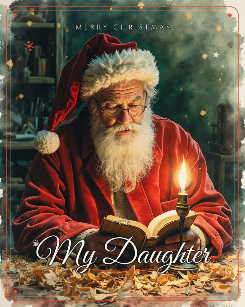 Santa Claus leans over a workbench scattered with wood shavings, reading an old open book by the light of a single candle, a christmas e-card design