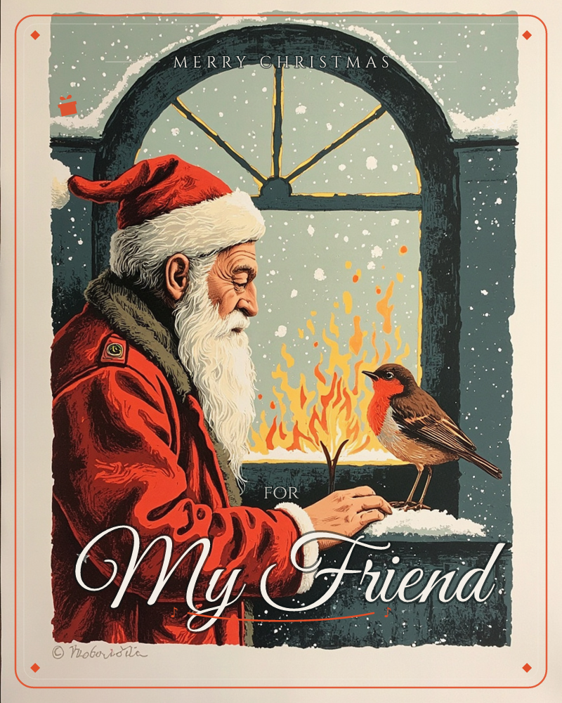 Santa Claus, in profile, leans by a snowy arched window warming his hand near a small crackling fire, while a red-breasted robin perches beside him on…, a christmas e-card design