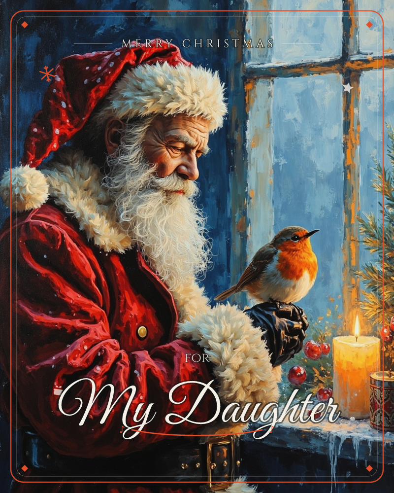A weathered Santa in a fur-trimmed red coat leans by a frosted windowsill, gazing tenderly at a robin perched on his gloved hand, a christmas e-card design