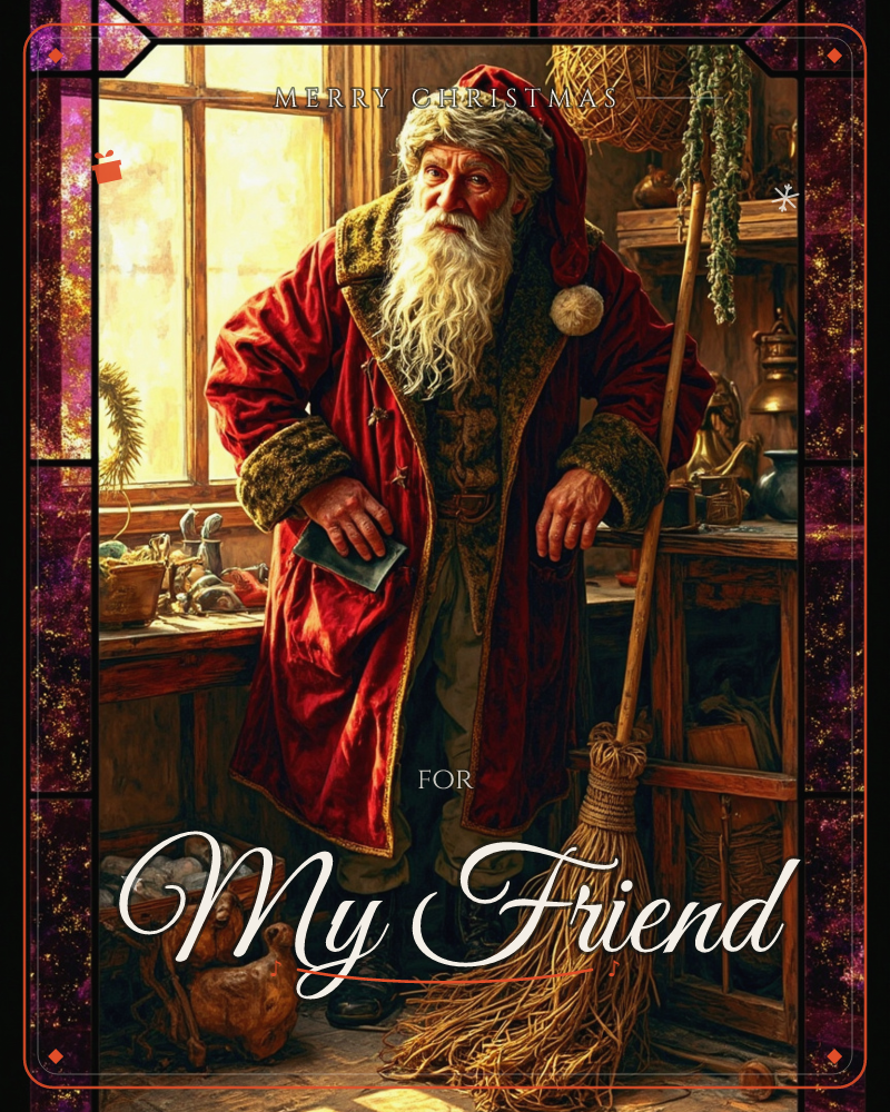 Santa stands in a warmly lit workshop beside a sunlit window, leaning on a long broom with one hand tucked into his fur-trimmed red coat, a christmas e-card design