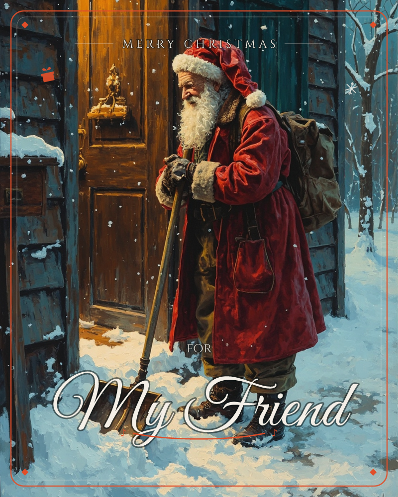 A weathered Santa in a long red coat pauses by a wooden door, snow shovel in hand and a worn sack on his back, snow falling steadily around him, a christmas e-card design