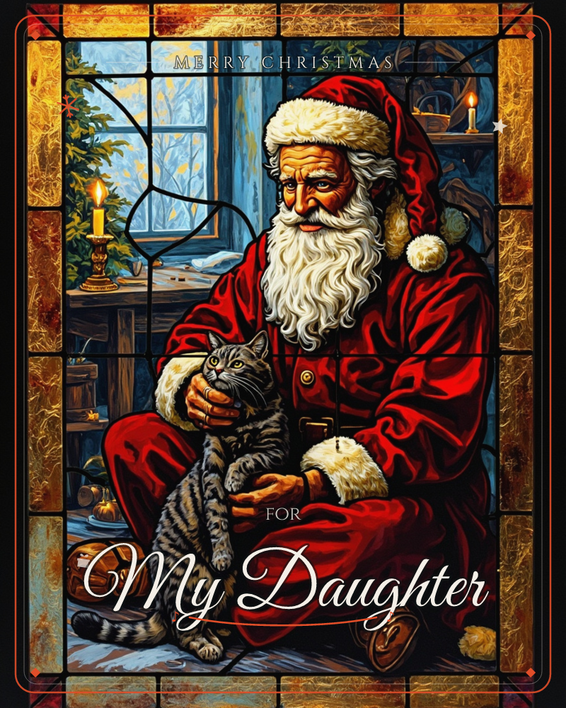 A stained-glass style illustration frames Santa seated indoors, cradling a grey tabby cat in his lap by candlelight, a christmas e-card design