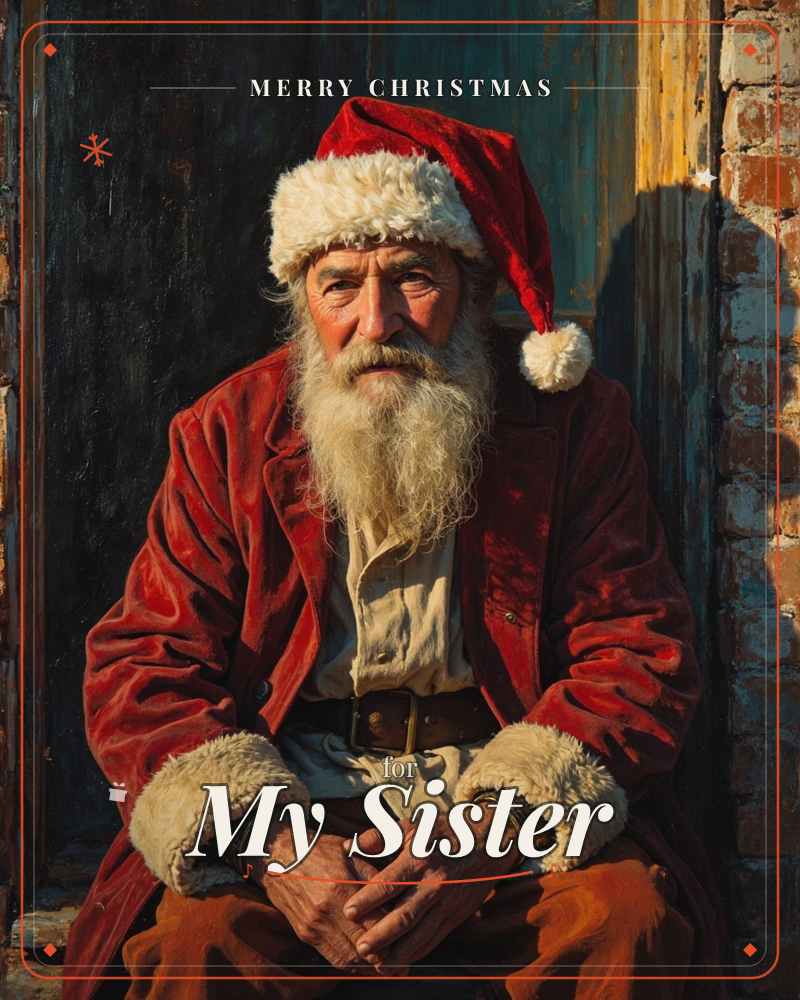 A weathered man in a red Santa coat and fur-trimmed cap sits in a doorway, hands clasped, lit by warm low sunlight against a peeling teal door and old…, a christmas e-card design