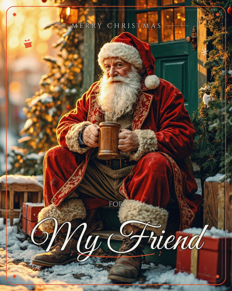 Santa Claus sits resting on a snowy porch step, cradling a wooden mug in both hands as golden lantern light spills from a green door behind him, a christmas e-card design