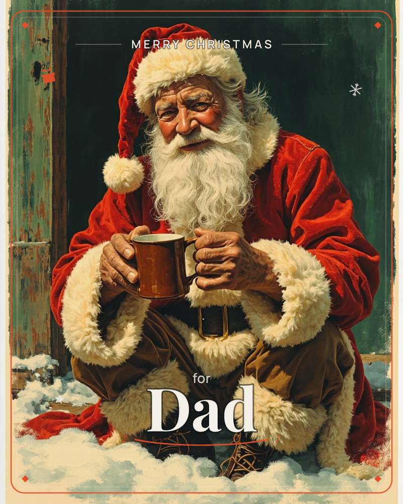 Santa Claus kneels in the snow beside a weathered green door, cradling a battered tin mug in both gloved hands as if warming himself before heading…, a christmas e-card design
