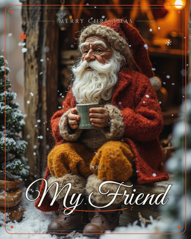 A weathered figure of Santa sits on a rustic wooden step, wrapped in a fur-trimmed red coat and mustard mittens, cradling a small mug in his hands, a christmas e-card design