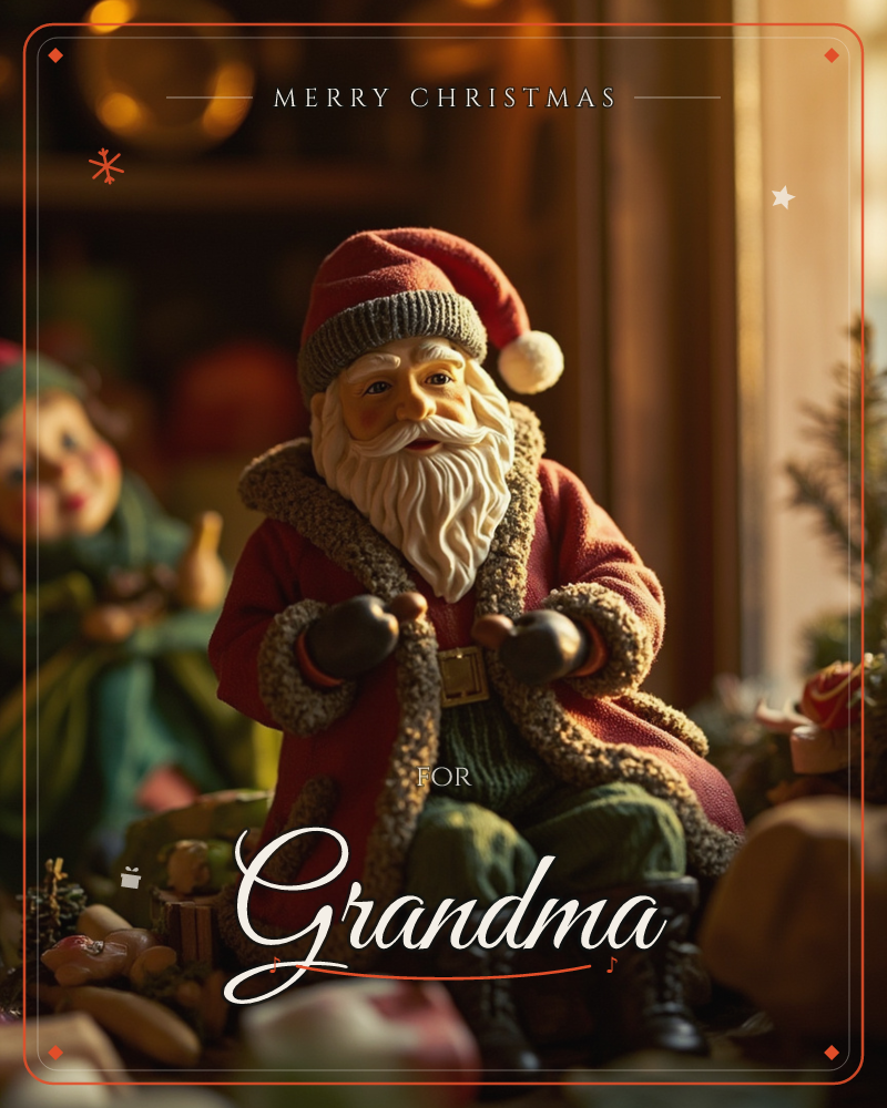 A carved Santa figurine sits amid a warmly lit shelf of toys, dressed in a fur-trimmed red coat and green trousers with black boots, a christmas e-card design