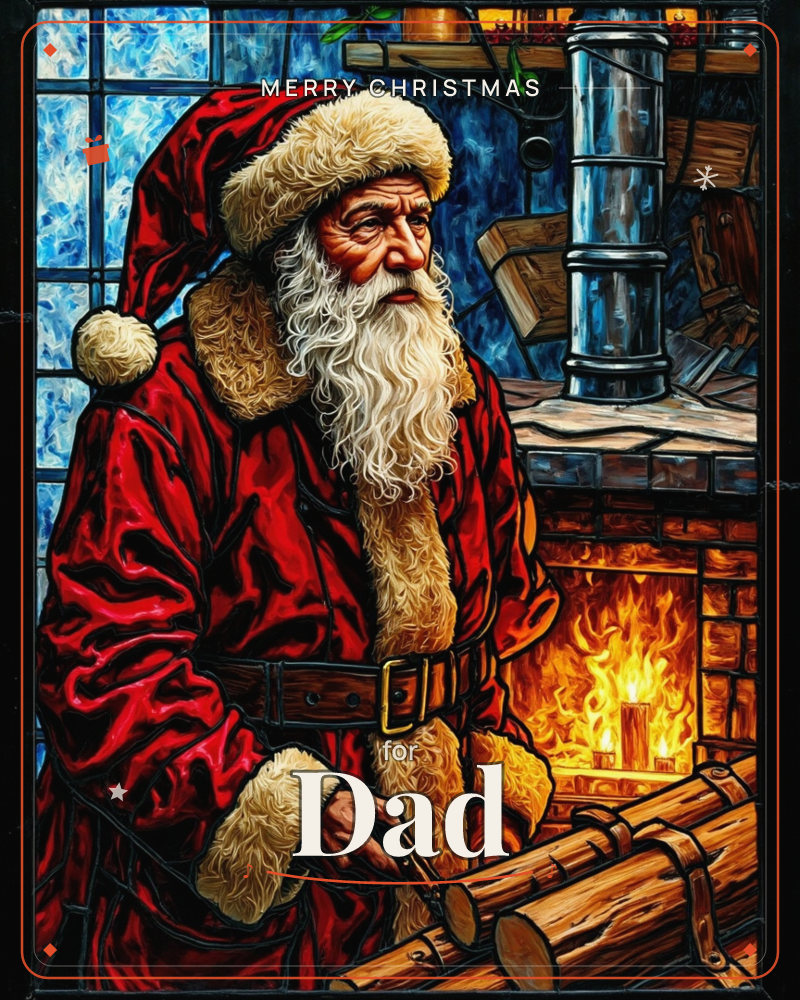 A stained-glass style illustration shows Santa Claus in close-up, tending a stone fireplace with logs in hand, his white beard and red fur-trimmed coat…, a christmas e-card design
